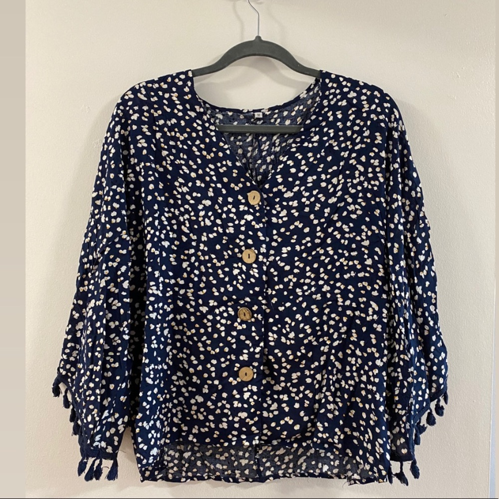 SHEIN Fringe Cuff Ditsy Floral Blouse